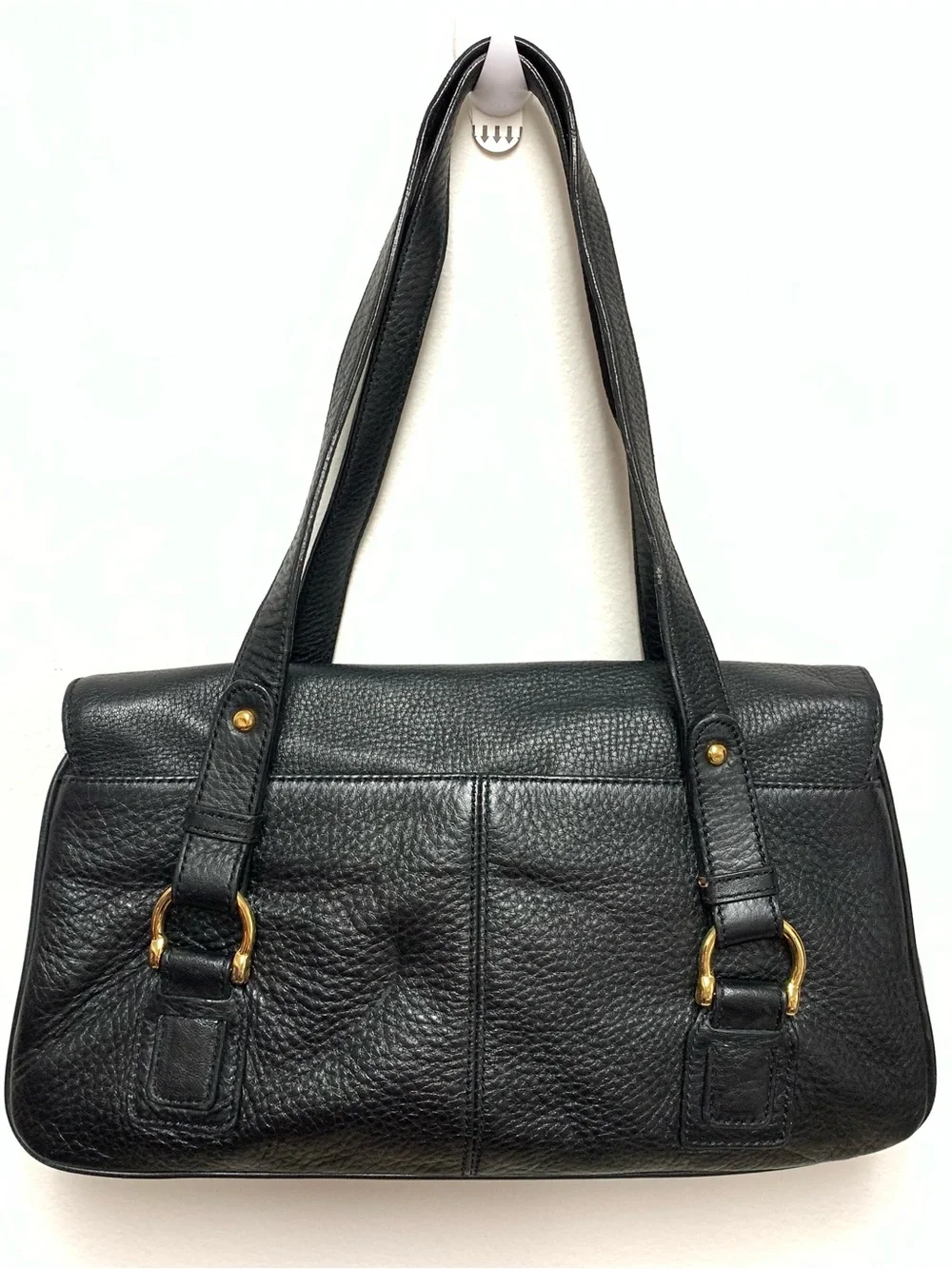 Kate Landry Leather Shoulder Bag Black Gold Hardware Harness Straps Medium